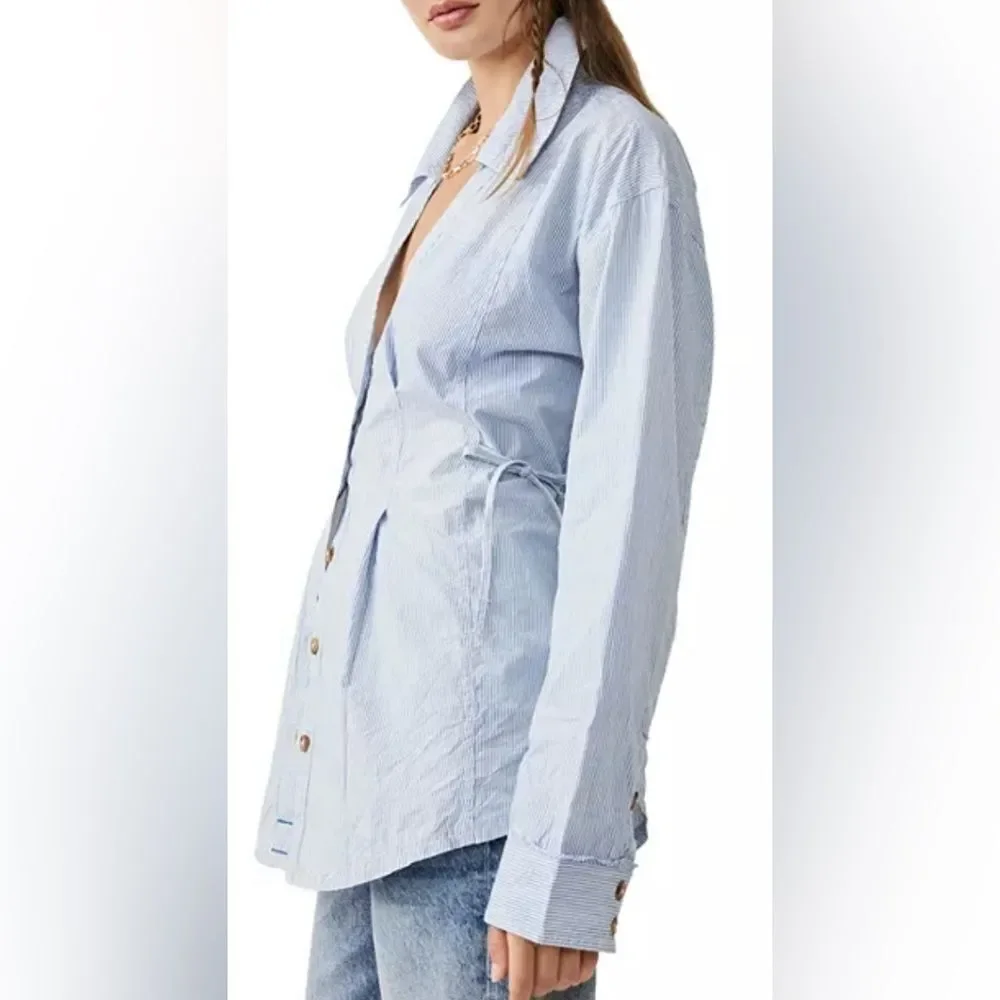 NWT Marten Oxford Stripe Top in Blue Combo FREE PEOPLE size S